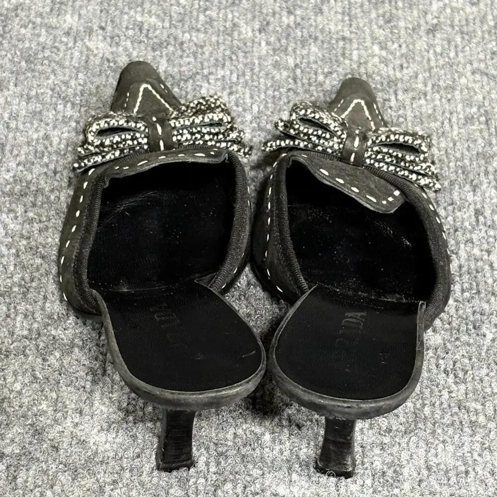 Prada Shoes Womens 6 EU 36 Black Suede Whipstitch Bow Mule Kitten Heels Italy